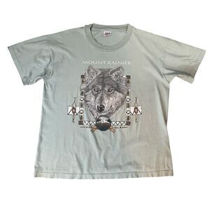 Vintage Wolf Tee Mount Rainier Washington in Mint Grey Size Large